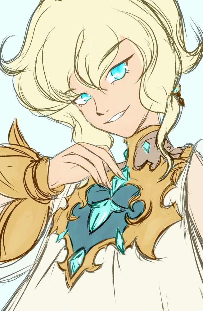 A doodle of a blonde character with blue eyes and a mischievous smile, wearing ornate armor adorned with turquoise gems, striking a playful pose.