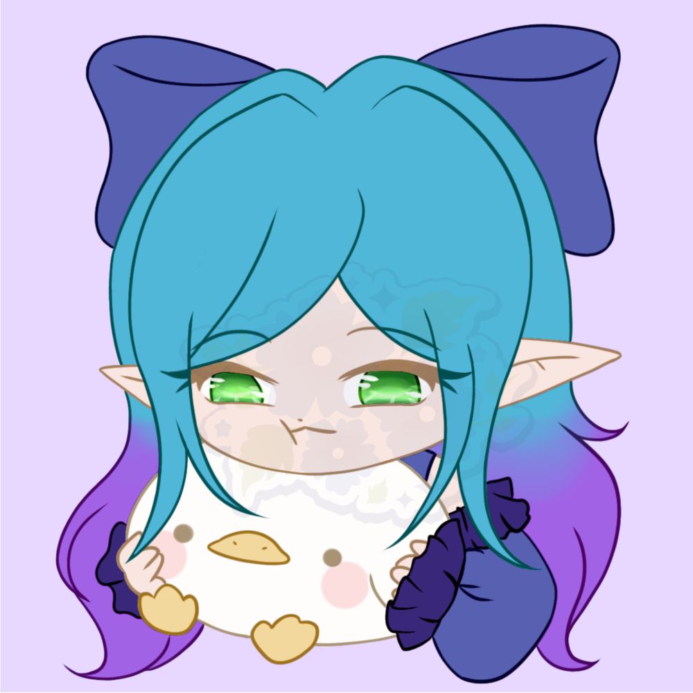 Elf girl with blue and purple hair and green eyes holding a white duck