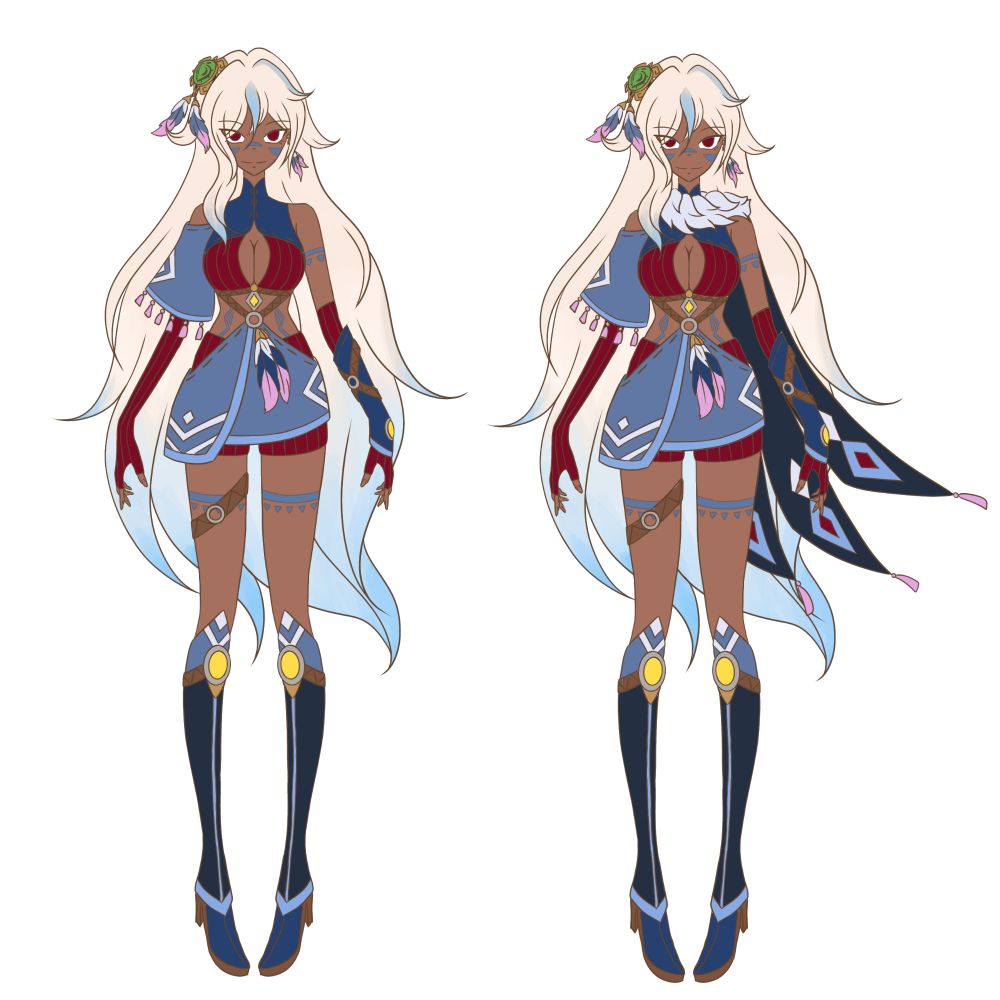 character design featuring a young woman with long light hair and blue tips, ornate outfit and distinct accessories.