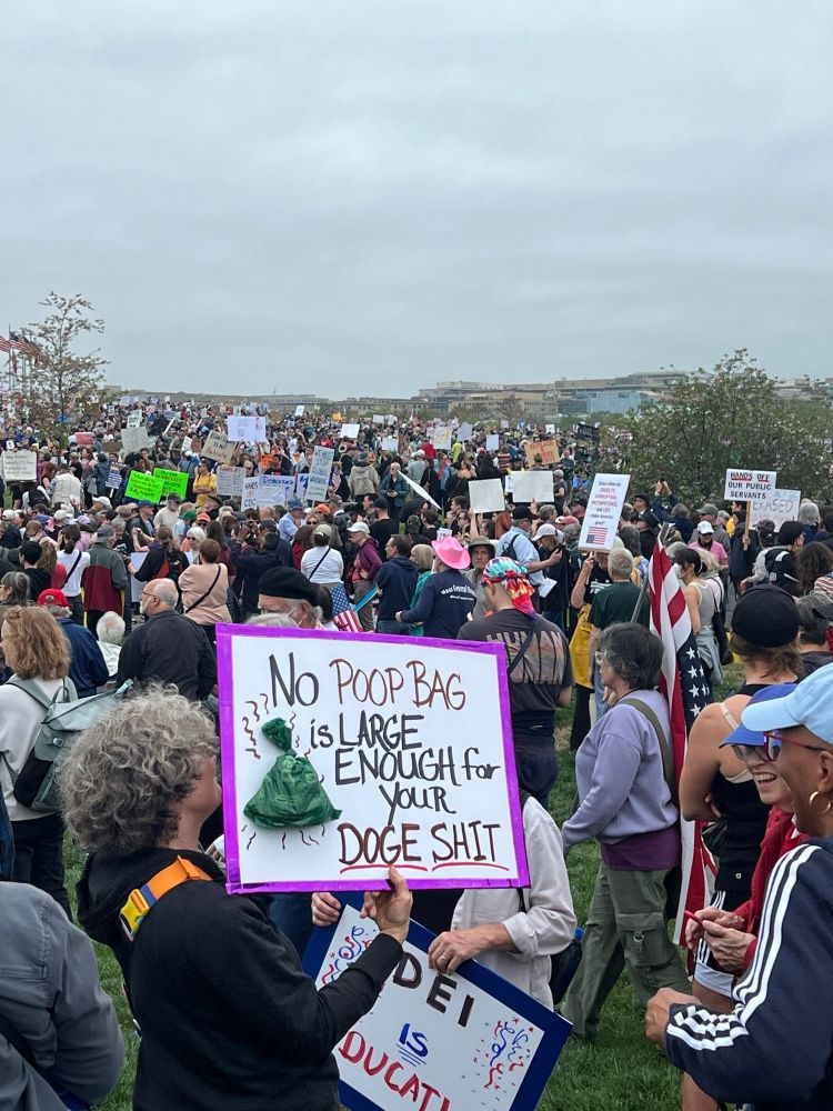 Hands Off Protest sign “No poop bag is large enough for your DOGE shit”