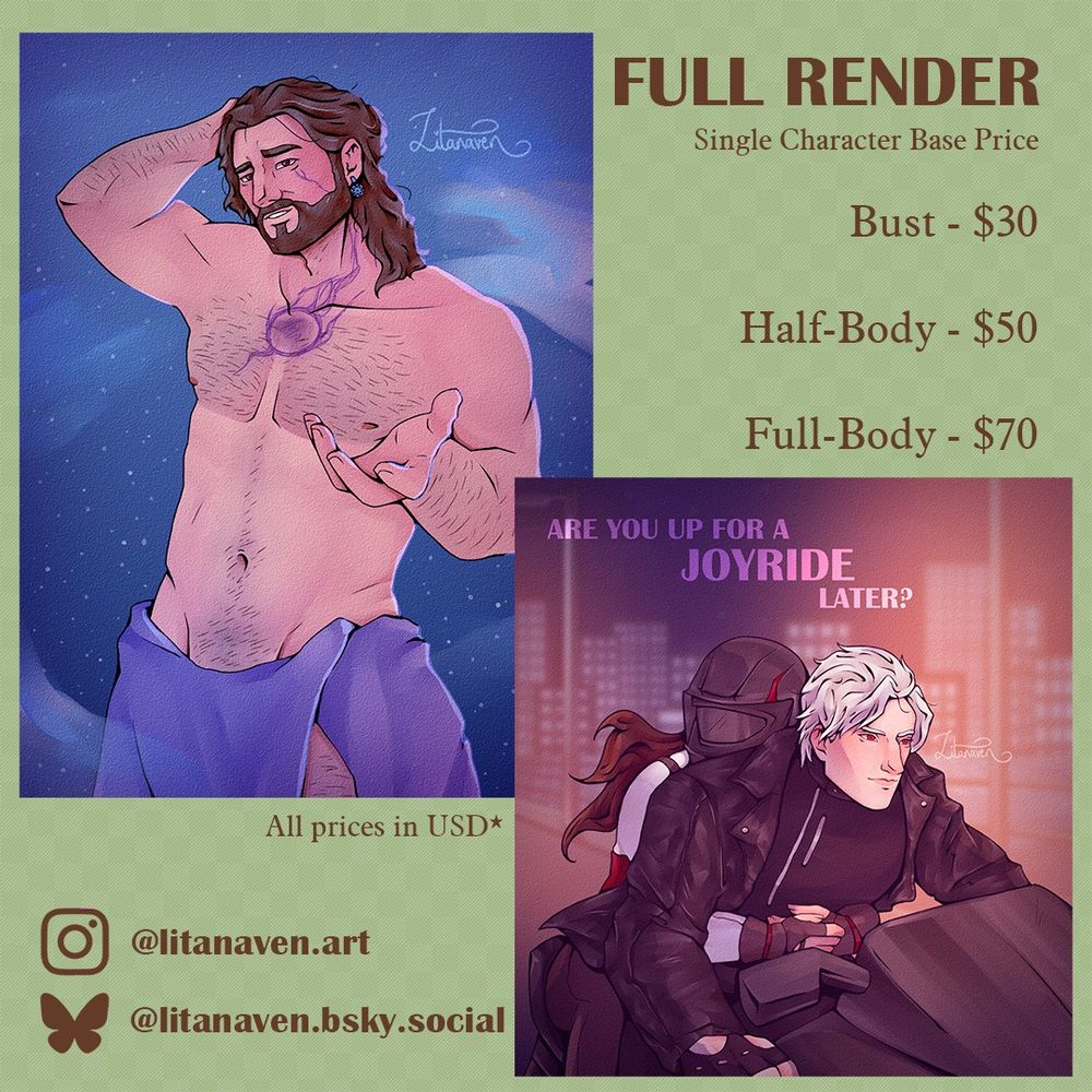 Full render commission sheet. Prices in USD: Bust = $30, Half-Body = $50, Full-Body = $70. Examples have fully rendered colour and lineart. They include Gale from Baldur's Gate 3, and Sylus and MC from Love and Deepspace.