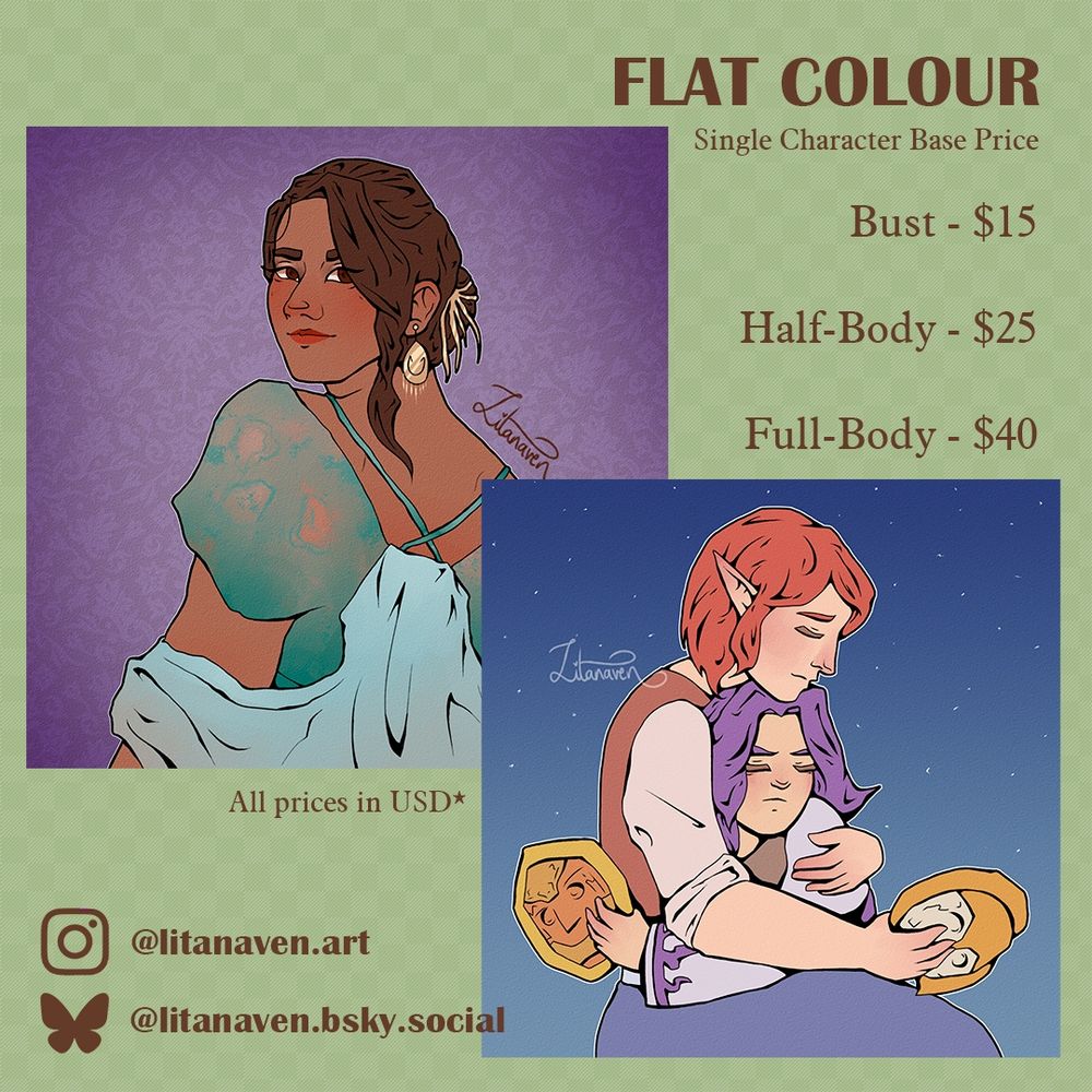 Flat colour commission sheet. Prices in USD: Bust = $15, Half-Body = $25, Full-Body = $40. Examples have flat colour with small details (blush, metal shine) and lineart. They include Kathani Sharma from Bridgerton, and Anju and Kafei from Majora's Mask.