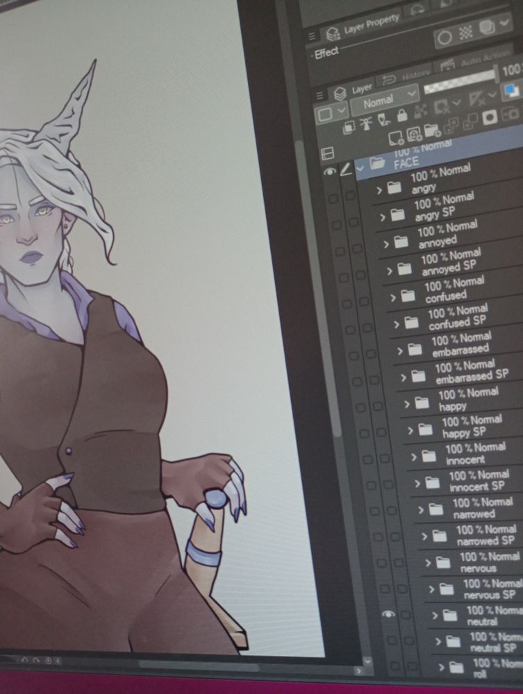 A Clip Studio Paint project for a character sprite, which has 15+ character expressions. The character shown is Fayre, from the in-development indie visual novel "Gresham Odyssey".