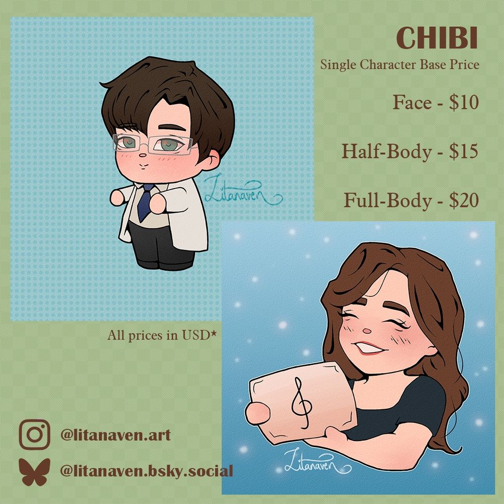 Chibi commission sheet. Prices in USD: Face - $10, Half-Body = $15, Full-Body = $20. Examples have a chibi style with flat colour, details (blush, eye shine), and lineart. They include Zayne from Love and Deespace and a self-portrait.