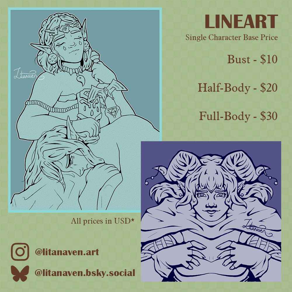 Lineart Style commission sheet. Prices in USD: Bust = 10$, Half-Body = $20, Full-Body = $30. Examples have a single-colour fill and lineart, and include Tears of the Kingdom Zelink and Critical Role's Jester.