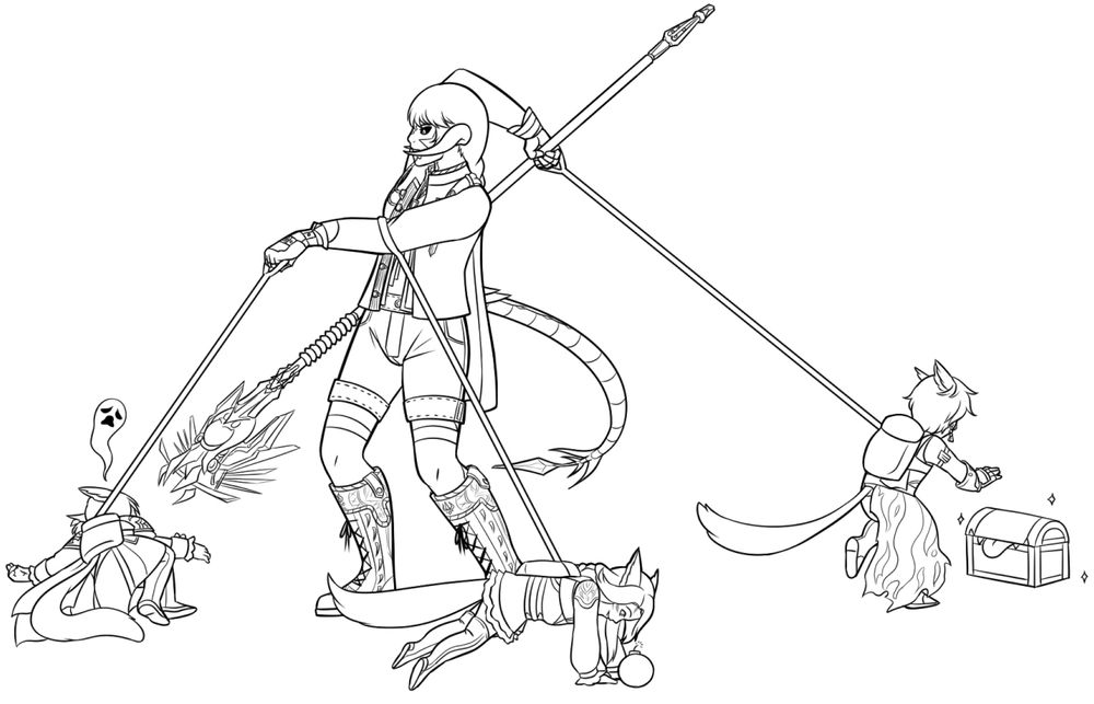 a line art drawing of an au ra with three leashes and her white mage cane. each leash is connected to a different miqo'te who is drawn exaggeratedly small and doing different things. one of them is dead on the ground, another is looking very closely at a bomb, and the other is running toward a chest that is very clearly a mimic.