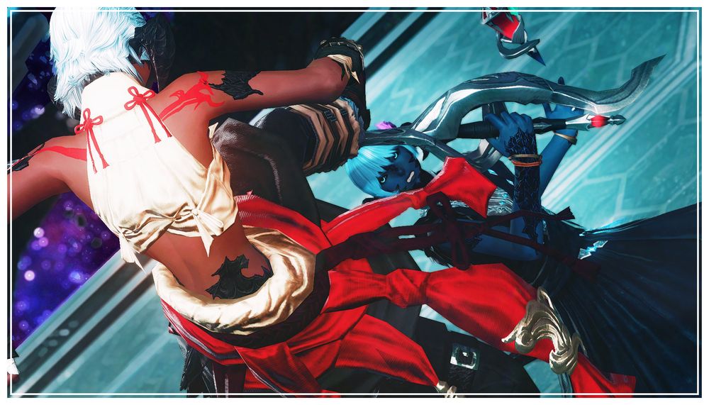 a screenshot from final fantasy 14. it is the same scene as the last image, but as seen from behind the white-haired xaela. you can see the fierce expression on the blue-haired xaela woman's face in this one.