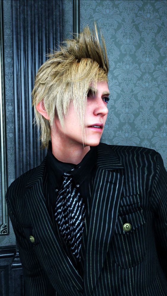 prompto argentum from final fantasy 15 wearing a pinstripe suit.