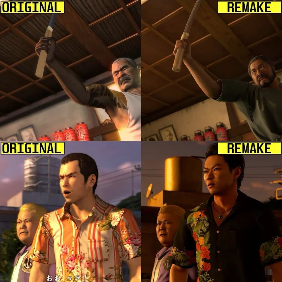 4 panel image showing original and remake designs of nakahara and rikiya