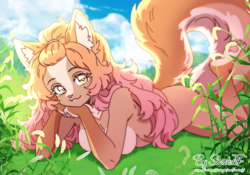 anime-style anthropomorphic (kemonomimi) female character with cat-like features, including large pointed ears, a fluffy tail, and fur patterns on her face and body. She has long, wavy hair in shades of peach and pink, golden eyes with detailed reflections, and a playful, relaxed expression.

She is lying on her stomach in a grassy field under a bright blue sky with white clouds, surrounded by tall green grass and white-tipped plants. Her chin rests on her hands as she gazes forward, and her large, bushy tail curves upward behind her.

The art is bright and colorful, with soft shading and a warm, sunny atmosphere