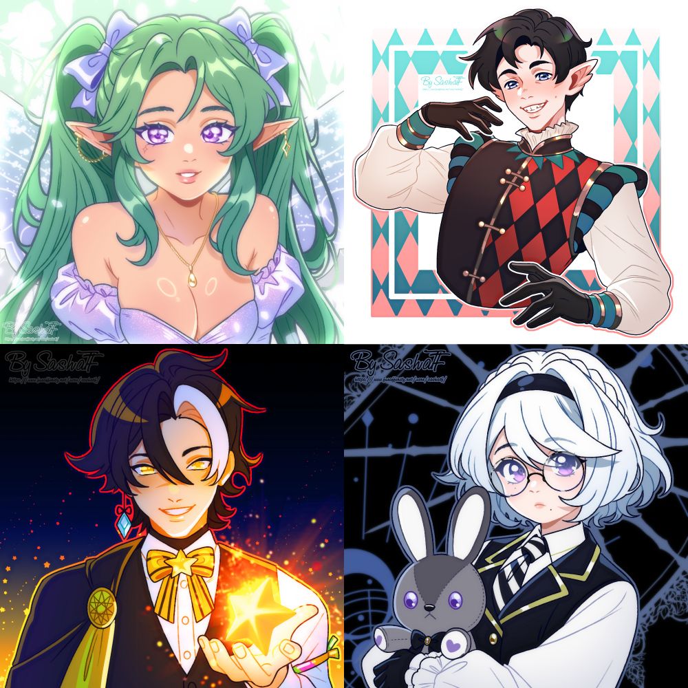 Top Left:
A gentle elf girl with long green twin-tails, lavender eyes, and a sparkling off-shoulder dress. She radiates a soft, magical charm.

Top Right:
A playful elf boy dressed in a colorful outfit, striking a cheeky pose. His bright smile and energy stand out.

Bottom Left:
A mysterious magician with dual-toned hair and glowing golden eyes. He holds a radiant star, exuding cosmic magic.

Bottom Right:
A quiet, gothic girl with white hair and round glasses, hugging a stitched bunny doll. She has a thoughtful, melancholic aura.