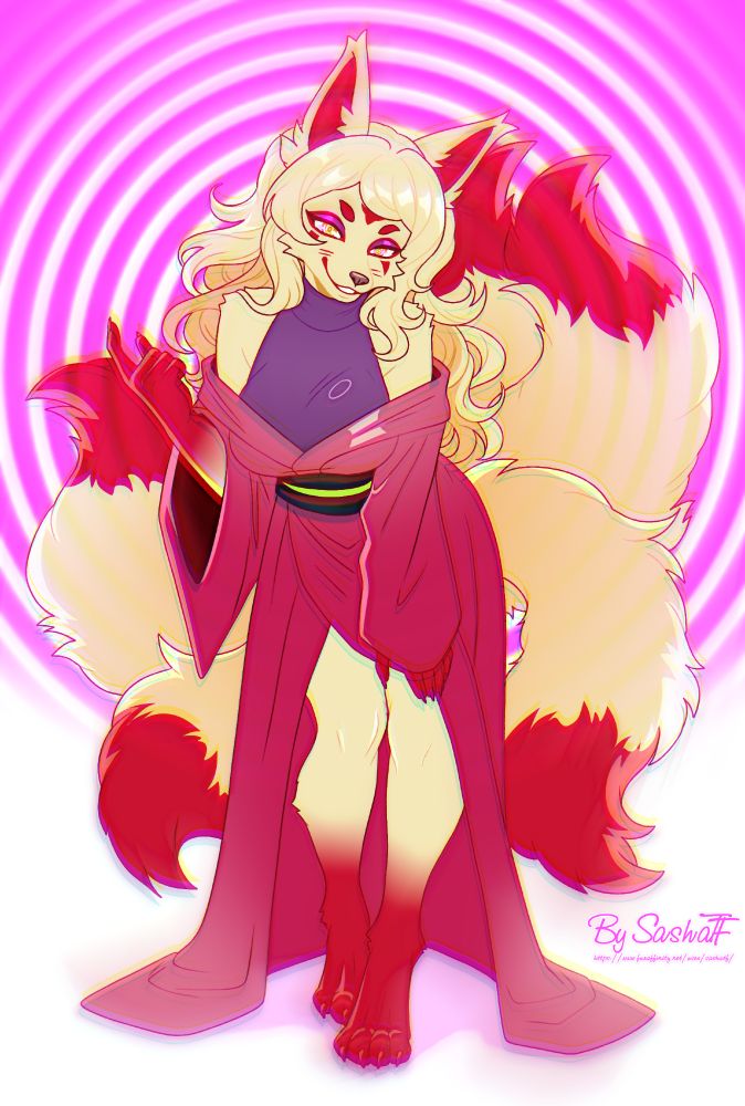A charismatic fox spirit with a hypnotic aura.
She has flowing blonde hair, crimson-tipped ears and tails, and piercing golden eyes with slit pupils. Wearing a deep red and purple kimono-style robe, she exudes elegance and danger. Her confident pose and sly smile hint at mysticism, seduction, and power, enhanced by the vivid spiral background that suggests a magical or hypnotic influence.