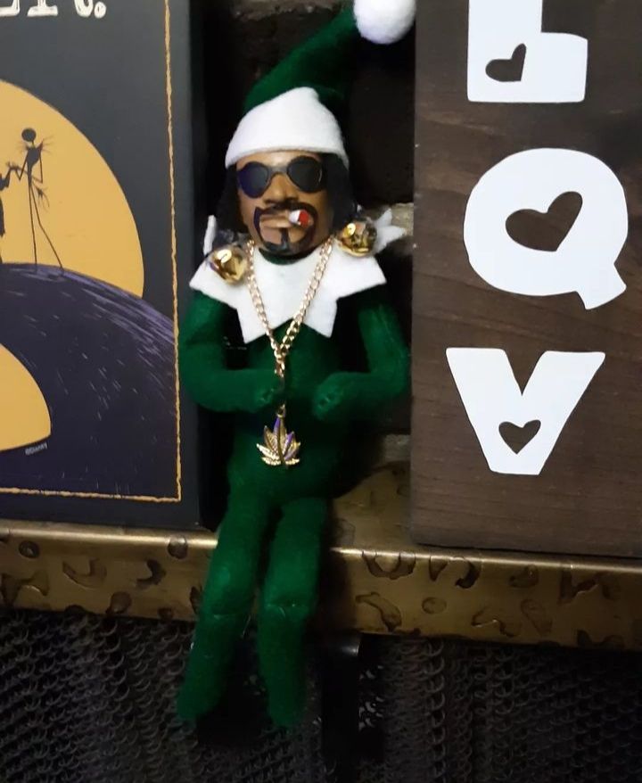 Snoop Dog (snoop in the stoop) in green elf outfit