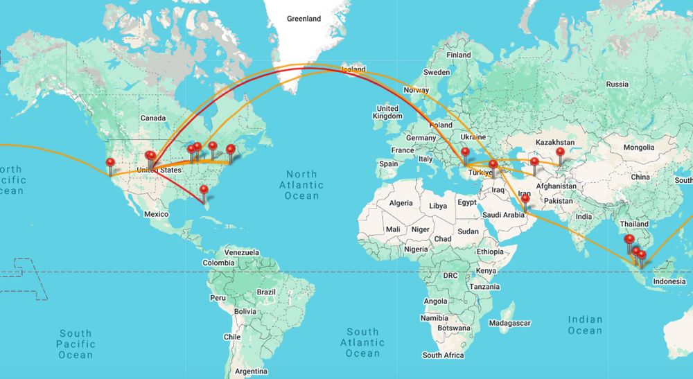 map of flight paths from my 2024 travel