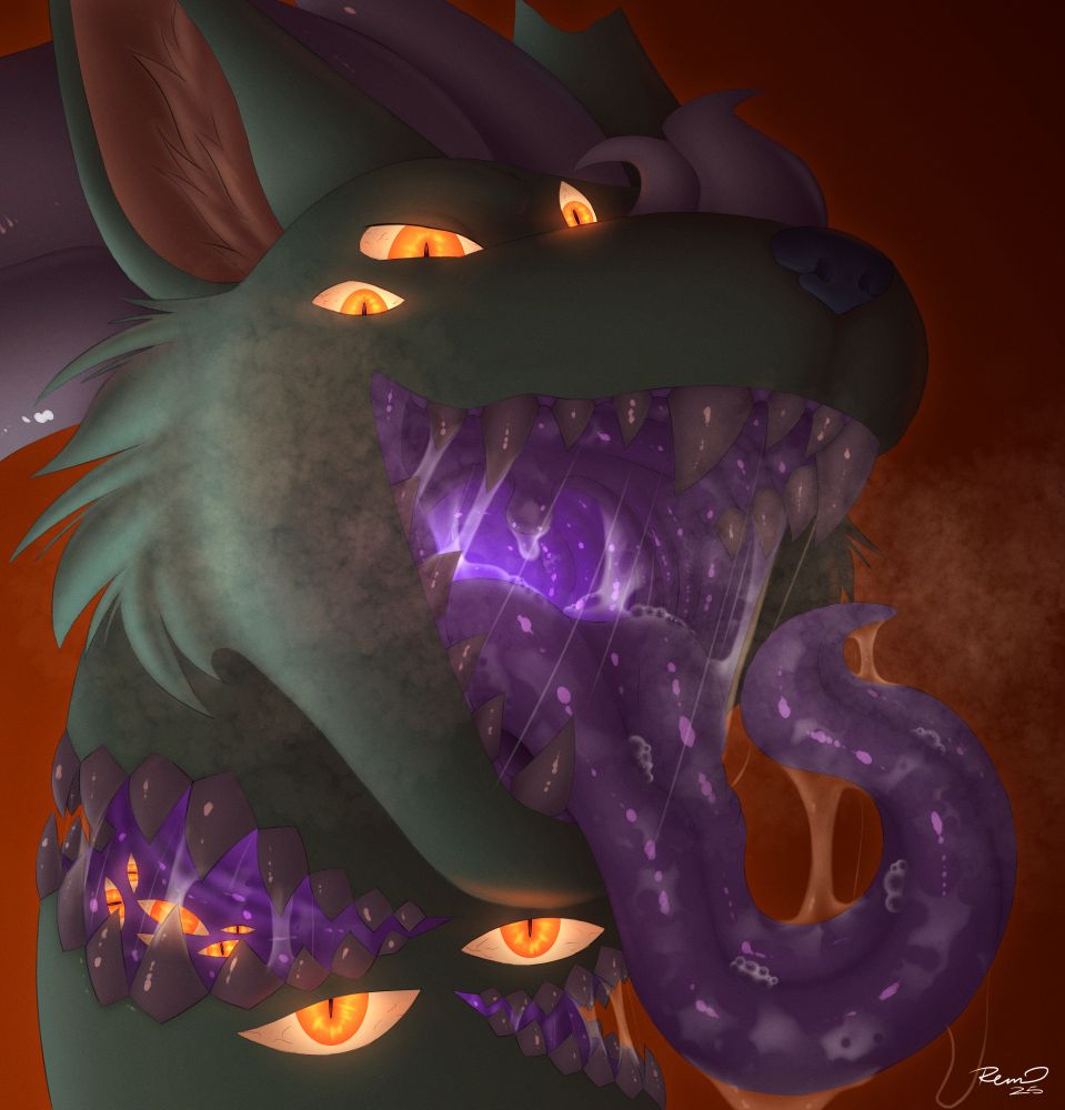 a sky blue furred dragon, with sharp teeth, twisted horns, extra eyes, and two extra maws holds his main maw wide open. a beastly form, yet the maws glows an inviting purple. steam from the hot breath linger around the maw.