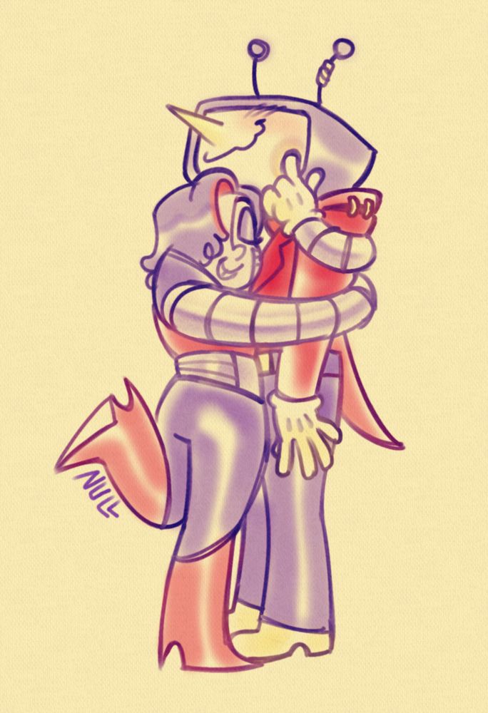 a drawing of mettaton ex and tenna. mettaton has his arms wrapped around tenna, with one finger on his screen, and tenna is standing stiffly with his arms at his sides but has a wobbly smile.