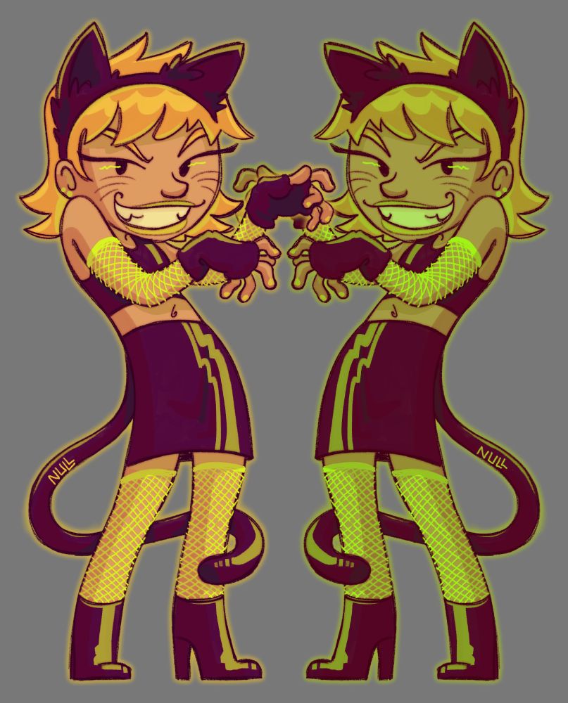 a drawing of katnappe from xiaolin showdown grinning and holding her hands up almost like claws, like she's evilly wiggling her fingers, wearing an outfit that is kind of a mix between the catsuit and her house party outfit. it is a cropped tank top and skirt, with boots, furry fingerless gloves, a cat ear headband, and her tail all in a dark magenta color. she also has lime green fishnet gloves and socks, and green lipstick. there is a mirrored version of the drawing that is more green tinted on the right side.
