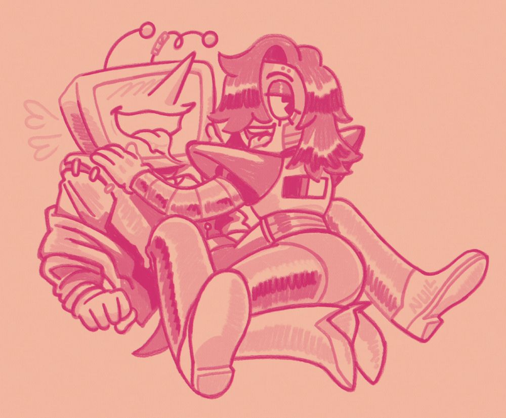 a drawing of mettaton ex and tenna. tenna is leaning back on his elbows with his legs on either side of mettaton, and his suit jacket is partially pushed down his arms. mettaton is on his knees with one hand on tenna's shoulder and the other holding tenna's head. they are both smiling with their tongues out, a string of spit between them. the drawing is sketchy and monochrome pink.