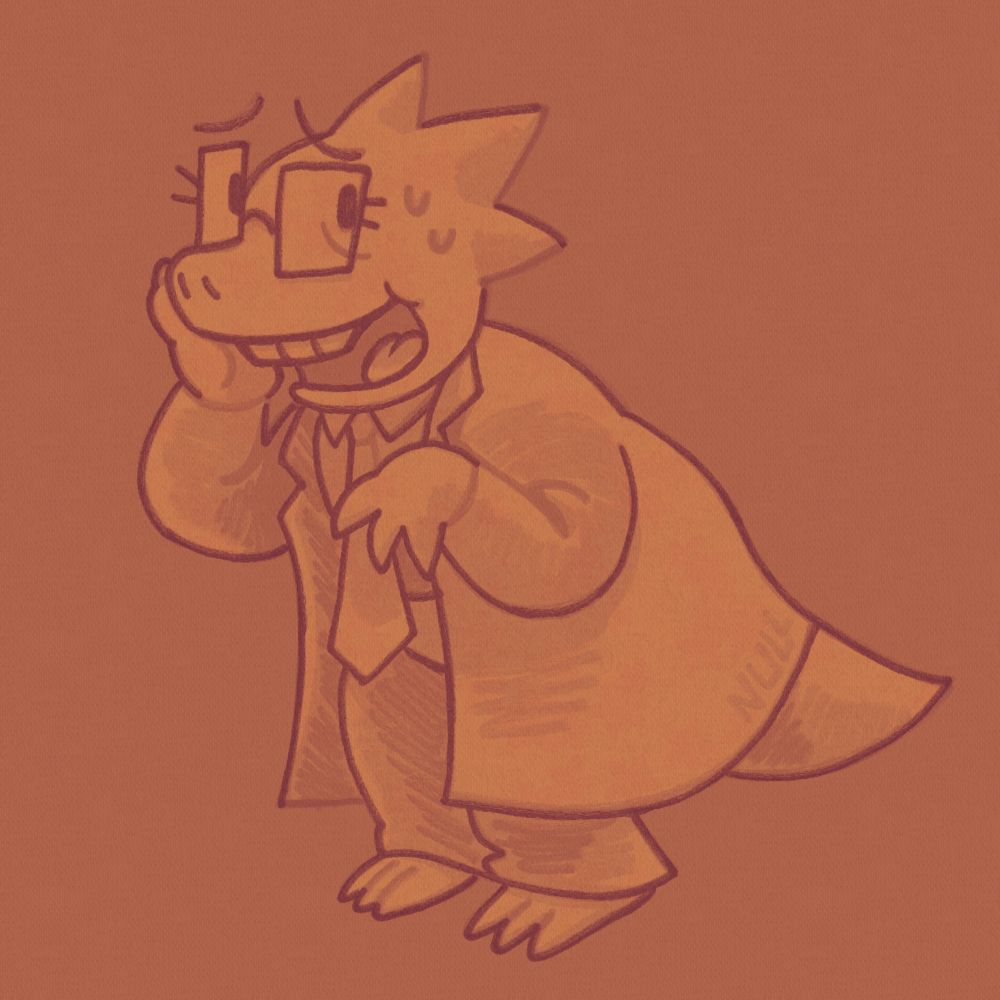 a drawing of alphys from deltarune in monochrome orange. she has a nervous smile and is holding one hand up to the side of her nose.