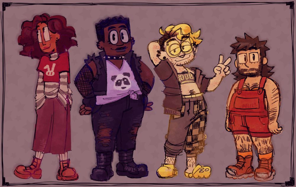 a lineup of four oc's from tallest to shortest: rox, alax, bit, and kip. rox is thin with brown skin and shoulder length wavy brown hair, standing with her hands in her pockets. she's wearing a cropped red t-shirt with a bunny on it over a grey and white striped shirt, with a long dark pink skirt and brown boots. alax is fat with dark brown skin and short black hair, standing with his hands on his hips. he's wearing a purple shirt with a panda on it, a spiked choker, a black vest with cut off sleeves, black ripped pants, black boots, and fingerless gloves with longer mesh gloves underneath. he also has on black lipstick and thick eyeliner. bit is slightly chubby with pale skin and dyed blond hair shaved on one side, making a peace sign with one hand and holding the other behind their head. it's wearing a sports bra that says "boob" across it, sweat pants that are half solid gray and half checkered, a short sleeve jacket, yellow crocs, and yellow tinted glasses. kip is fat with a light complexion, a dark mullet, and a beard. she's wearing an orange bra under darker orange overall shorts, orange socks, and brown boots.