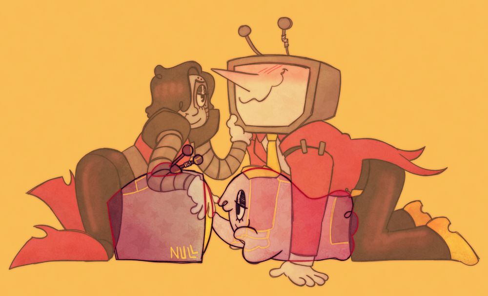 a drawing of mettaton and tenna, with ghost mettaton lying in front of light world tenna and fondly holding a hand up to his screen. slightly transparent is mettaton ex leaning over the top of light world tenna, smiling and holding a hand up to darkner tenna's face, who is on his hands and knees over ghost mettaton and has a wobbly blushy smile.
