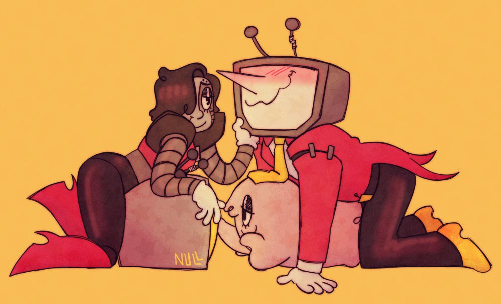 a version of the drawing from the previous tweet with mettaton ex and darkner tenna fully solid instead of semi transparent