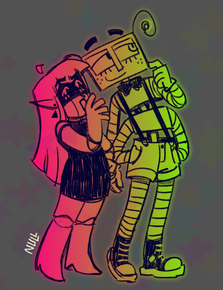 alt version of the first drawing. it has them solidly colored with a gradient from pink to green and the same gray starry background as the original image.