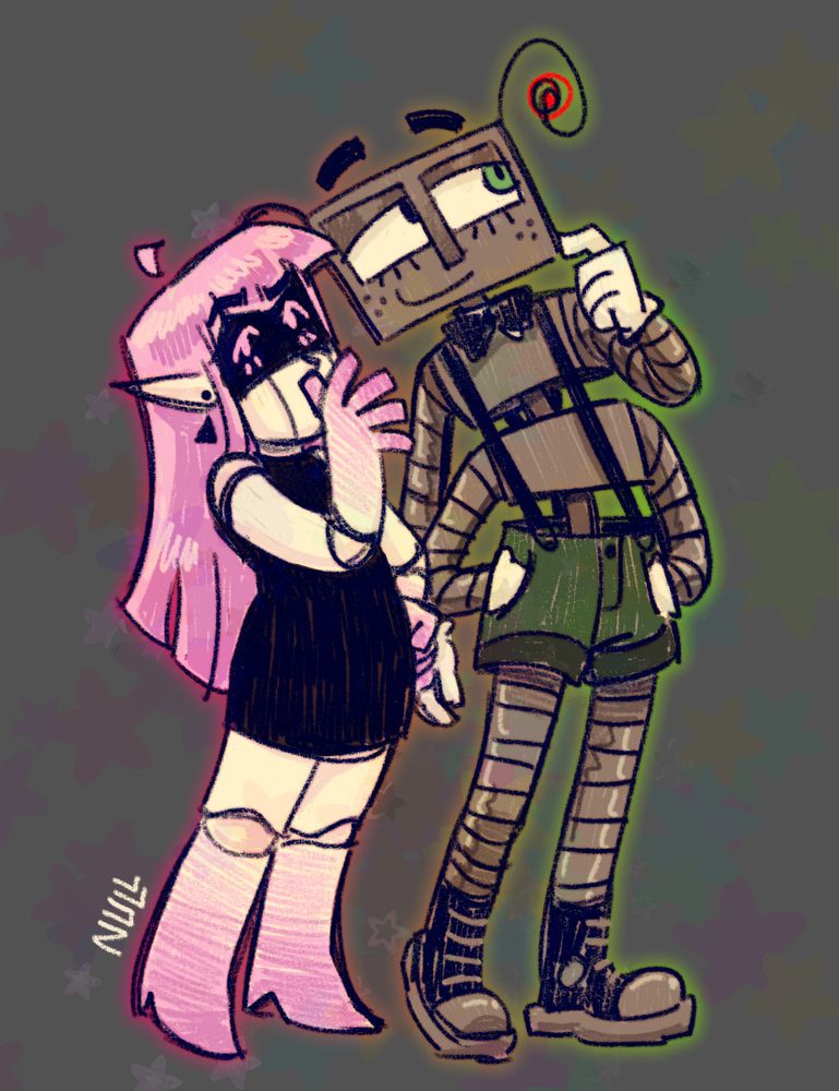 a sketchy drawing of eliza and jesse, two humanoid robot girls. eliza has a hand on one hip, with the other covering her mouth like she’s whispering to jesse, who is leaning toward her to listen with a chill smile and one set of hands in her pockets. eliza is made of white material that fades to pink at her hands and feet, with joints that resemble a ball jointed doll, and long straight pink hair. she has a screen over the top half of her face to display her eyes, and she’s wearing a short sleeveless black dress. jesse is taller, skinnier, and gray, with two boxy chest segments and a total of 4 noodly arms. she has a rectangular head, with two curly antennae, and she’s wearing green shorts with suspenders, a bowtie, and high top shoes.