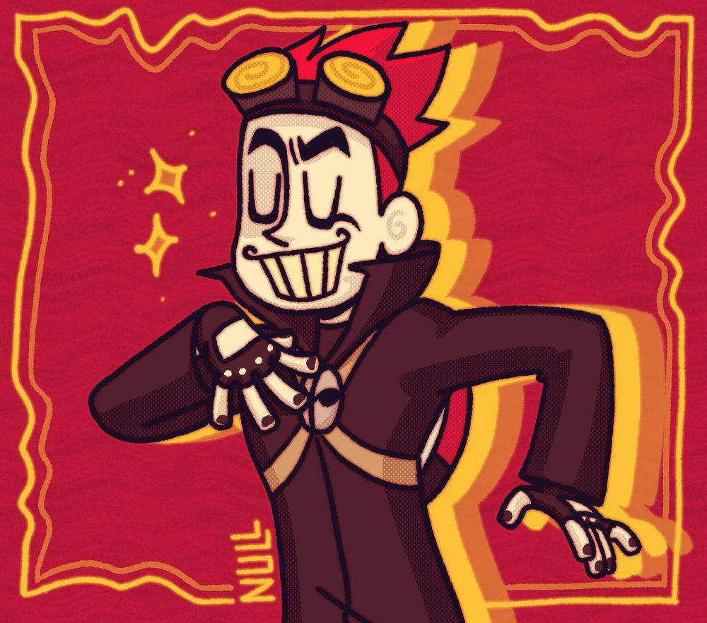 a drawing of jack spicer from xiaolin showdown from the hips up. he's holding a hand up to his chest and has a cocky grin, with sparkles next to his head. there is a red background with a wavy yellow border.