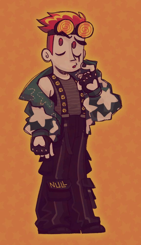 a drawing of jack spicer from xiaolin showdown, wearing a gray striped tank top tucked into baggy black pants with lots of pockets, with black boots, suspenders, and a teal puffy jacket with gray stars on it. he also has his fingerless gloves but with a heart shape over the back of the hand, and his usual goggles. he's standing with a confused expression, holding one finger up to his face.