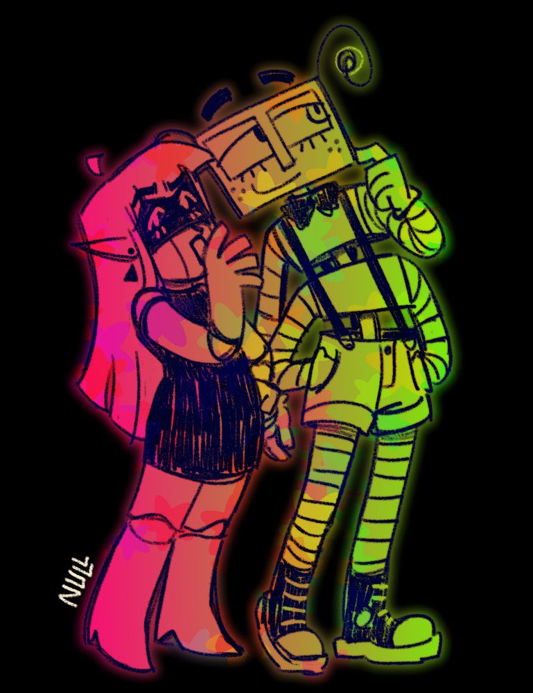 alt version of the first drawing. it has them colored with the pink to green gradient on a black background, with the stars showing up mixed in with the gradient instead of the background.