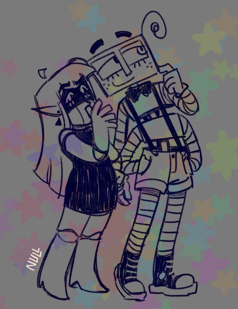 alt version of the first drawing. it has only line art and a lighter gray background with faint stars behind them.