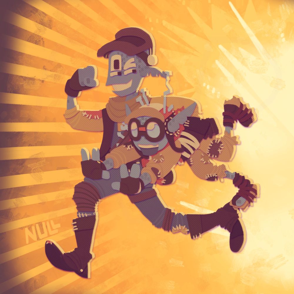 a drawing of slate and mica from outer wilds. slate is running away from an explosion, grinning and carrying mica under one arm. mica is holding their arms out in front of them like they're flying, and has a big smile. the drawing is stylized to look like shapes cut out and layered on top of each other.