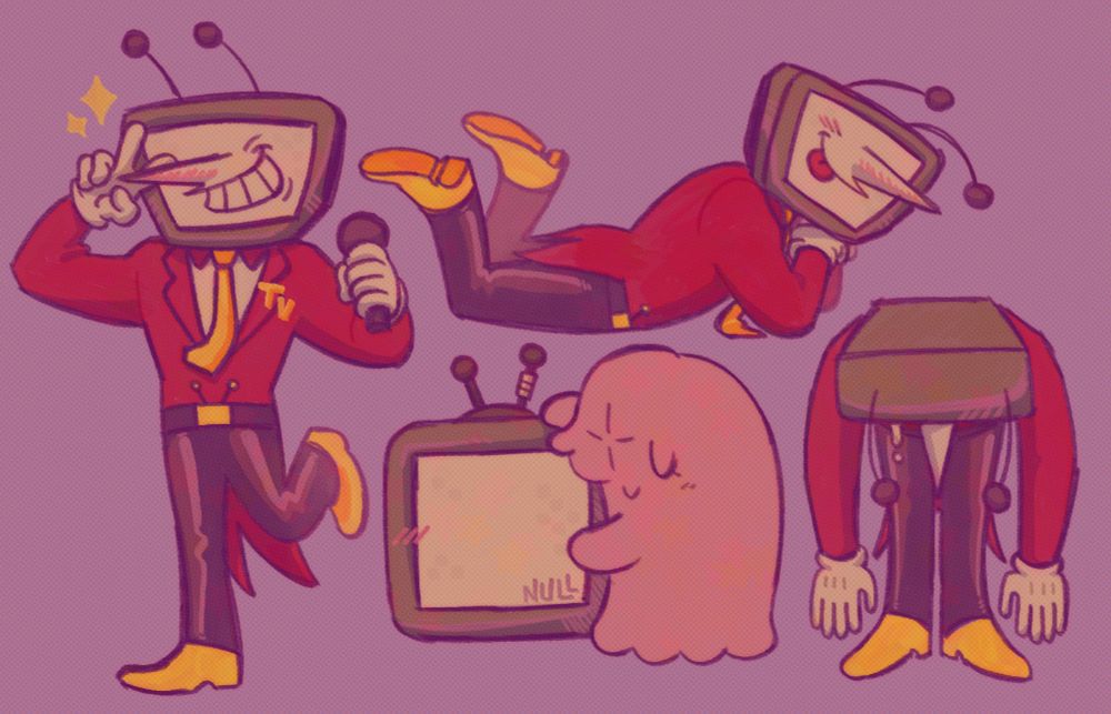 4 drawings of tenna from deltarune. one is of him holding a microphone in one hand and making a peace sign near his face with the other, with one leg kicked up. the second is of him lying on his stomach, propped up on his elbows with his head resting on his hands, sticking his tongue out and kicking his feet back and forth. the third is of him hunched over with his arms dangling, crying. and the last is of him as a regular tv in the light world with ghost mettaton happily hugging him.