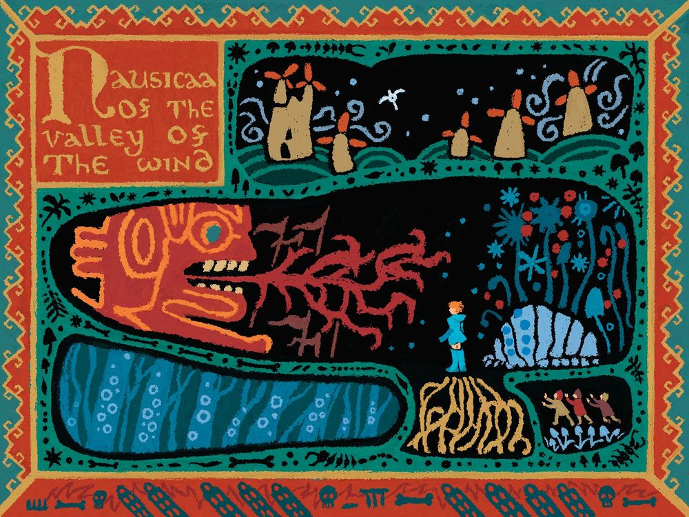 A tapestry-style painting inspired by the Ghibli movie, "Nausicaa of the Valley of the Wind"