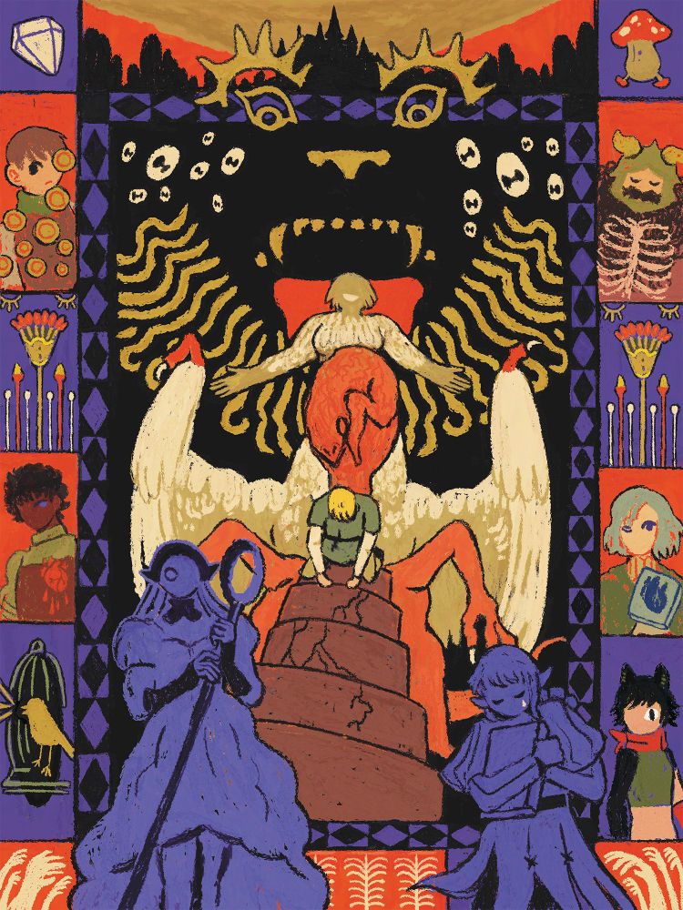 Dungeon Meshi fanart in a tapestry-like style. The illustration is mostly orangey-reds, yellows, and blues, and features Falin at the center in chimera form with the Winged Lion behind her. Various characters and symbolism line the sides. Laios is on his knees below Falin as he turns into a monster. Marcille and Thistle’s figures are in front, with Thisle clutching his book and crying a single tear.