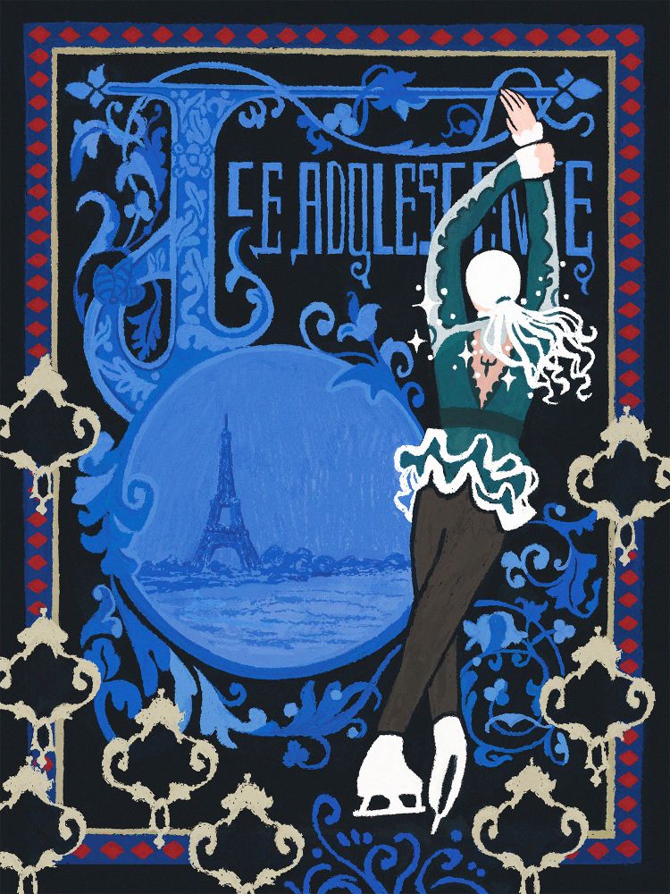 A digital painting of Viktor Nikiforov from the anime Yuri on Ice. The illustration is in a tapestry style. The words at the top read "Ice Adolescence". Viktor is seen from the back and is wearing his outfit from the movie trailer.