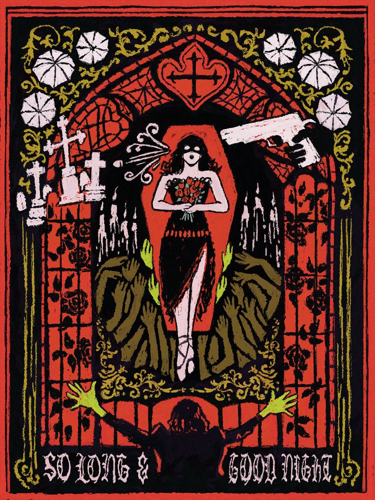 A digital illustration using imagery from My Chemical Romance's music video "Helena". The main colors are red, black, and neon yellow-green. A woman holding roses rises from a swathe of hands into the shape of a coffin. A gun shoots a bullet through her head, which flies toward a group of gravestones. At the bottom, we see Gerard Way from the back as they spread their hands wide. The text surrounding him reads "So long & good night".