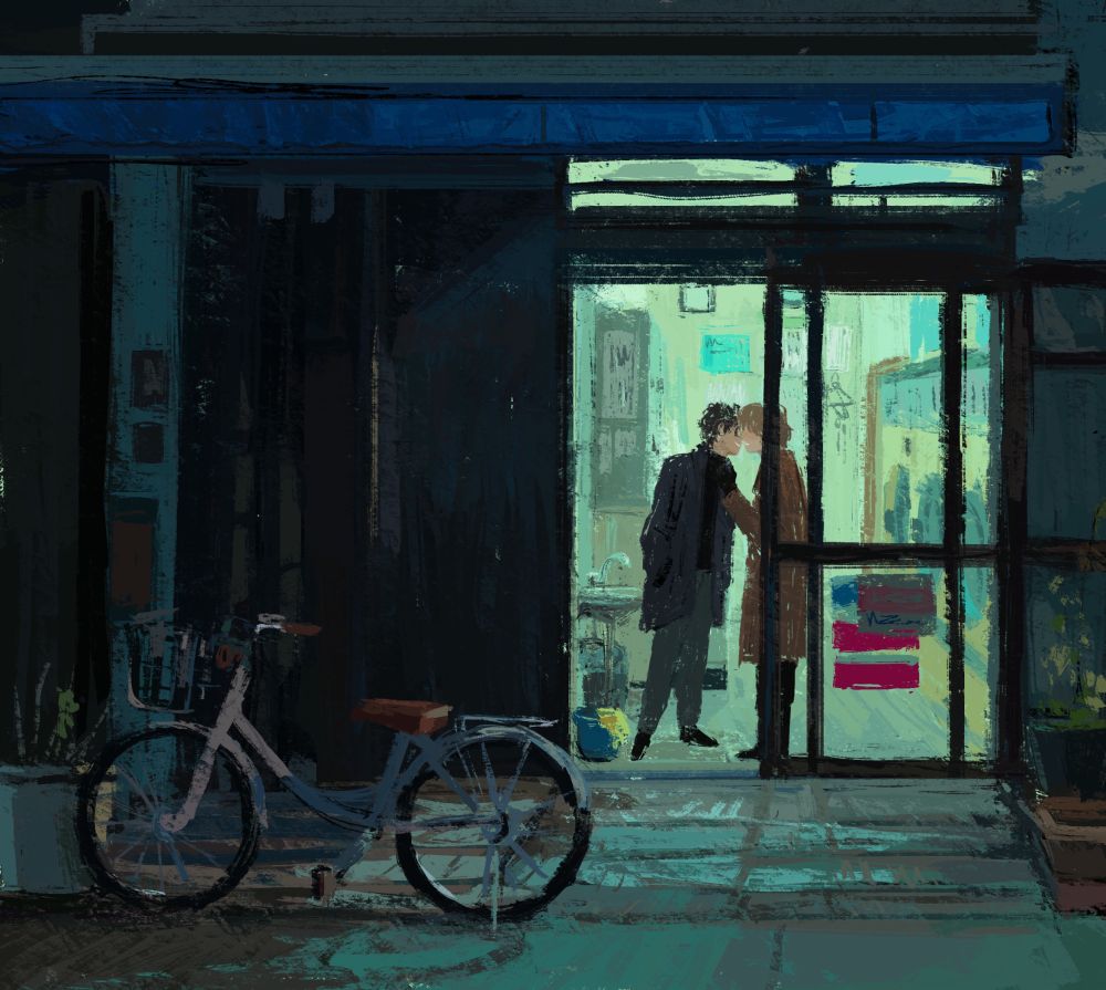 A digital painting of Goro Akechi and Ren Amamiya from Persona 5. The illustration depicts the two of them from afar as they embrace in a laundromat, about to kiss. Akechi is grabbing Ren’s coat, expression frustrated, and Ren is leaning in, smiling with his hands in his pockets. Outside, a bike is parked. The lighting is artificial and the illustration is mostly made up of blues, greens, and blacks.