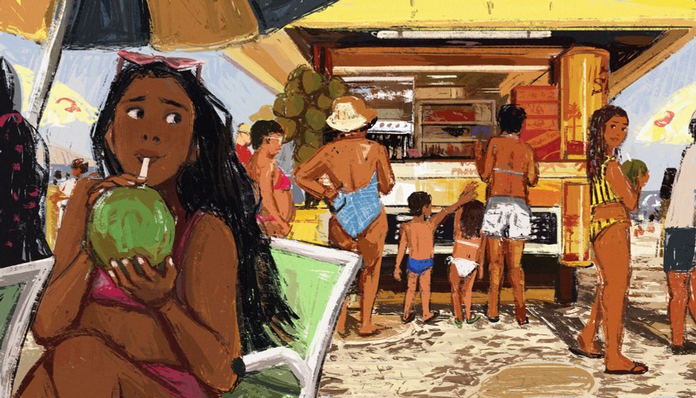 Digital painting of a girl on a beach in what looks like Rio de Janeiro. She drinks out of a coconut and in her peripherals looks at another girl passing by with a coconut who smiles back. Behind them is a stand selling food with a family standing by it waiting to buy. You can only really see the backsides of everyone in the painting except the two girls. Everyone is in swimsuits and the illustration is bright and full of oranges and yellows.