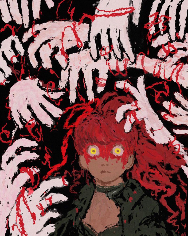 Digital painting of Sumire Yoshizawa from Persona 5. The style is painterly and rough. The section of her face from the eyes up is covered in blood in the style of a Persona awakening in the game. White, spectral hands crowd around her and are tangled in her hair and hand ribbons, nearly puppeteering. Sumire’s gaze is wide and yellow and frightening.