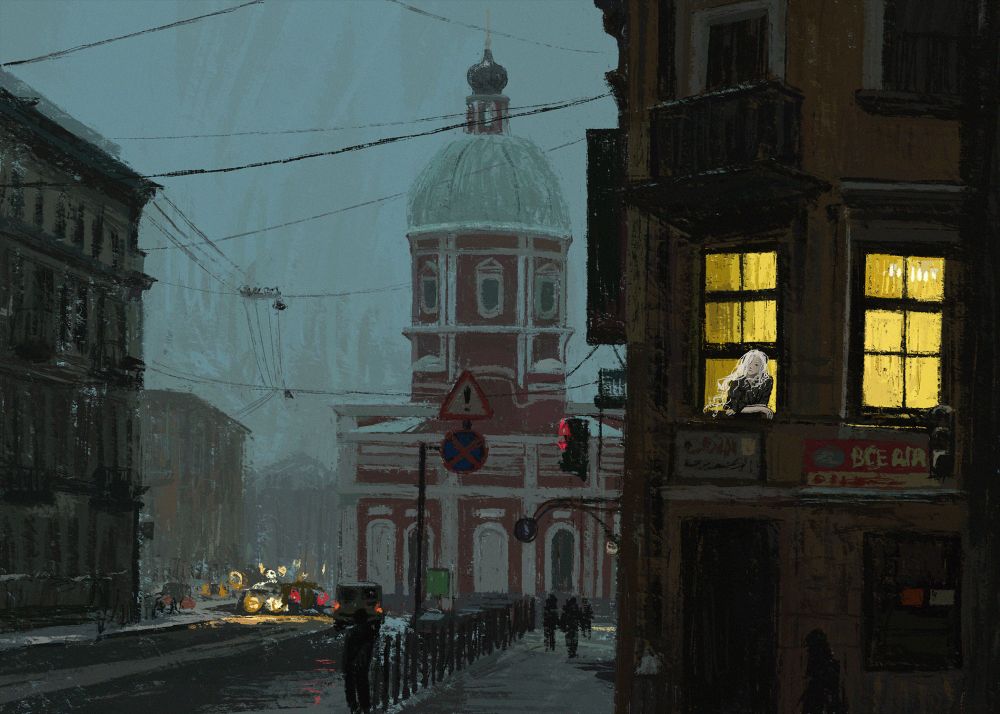 Digital painting of Viktor Nikiforov from Yuri on Ice. The painting depicts the landscape of a street in St. Petersburg, Russia, with the Panteleimonovskaya Church in the background. The lighting suggest evening. Viktor is looking out of the window of what looks like an apartment on the street. He has long hair.
