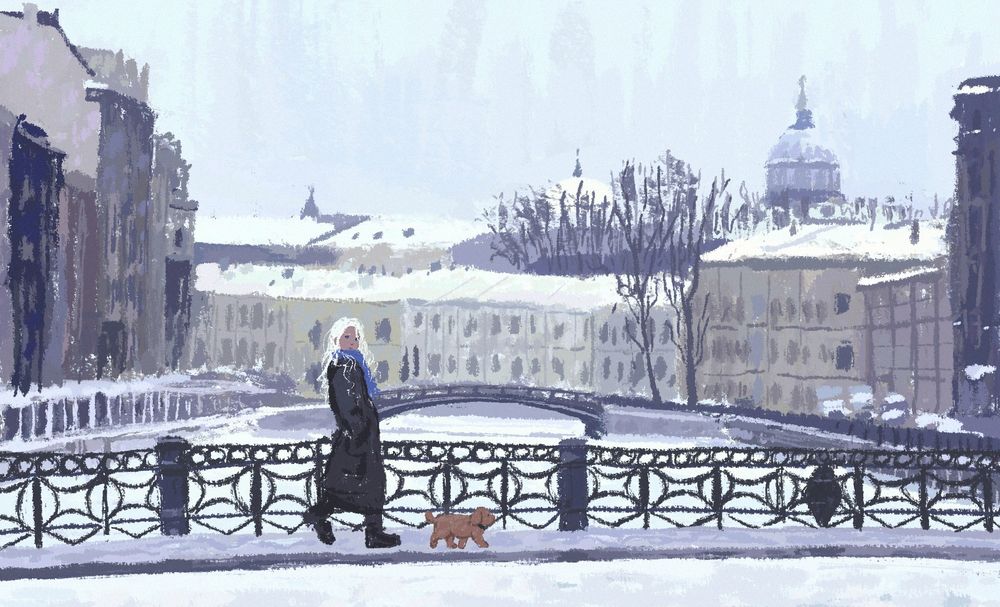 Digital painting of Viktor Nikiforov from Yuri on Ice. The painting depicts the landscape of a street in St. Petersburg, Russia. Viktor has long hair and his dog Makkachin walks with him as a puppy.