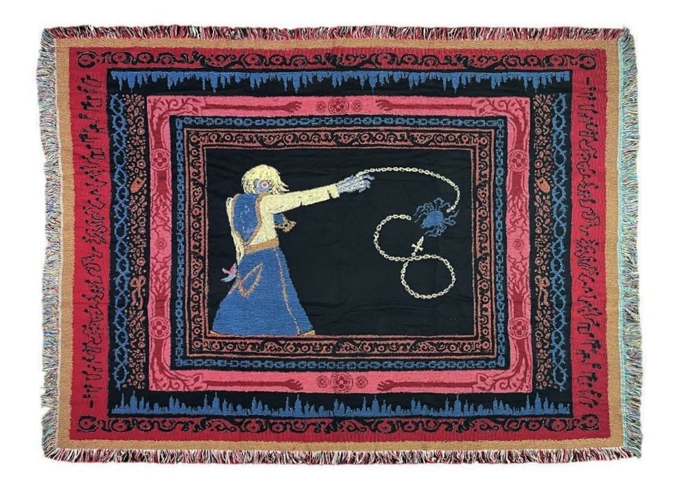 Photo of my Hunter x Hunter tapestry/blanket. Kurapika is depicted with his chain