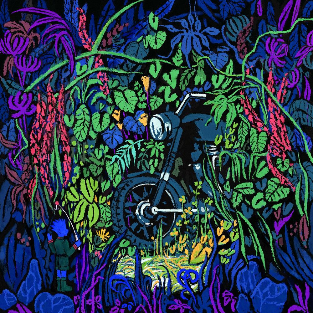 A digital illustration of a giant motorbike surrounded by colorful plants. The background is black. In the bottom left corner stands Gon Freecss from Hunter x Hunter with his fishing pole in his hand, looking on.