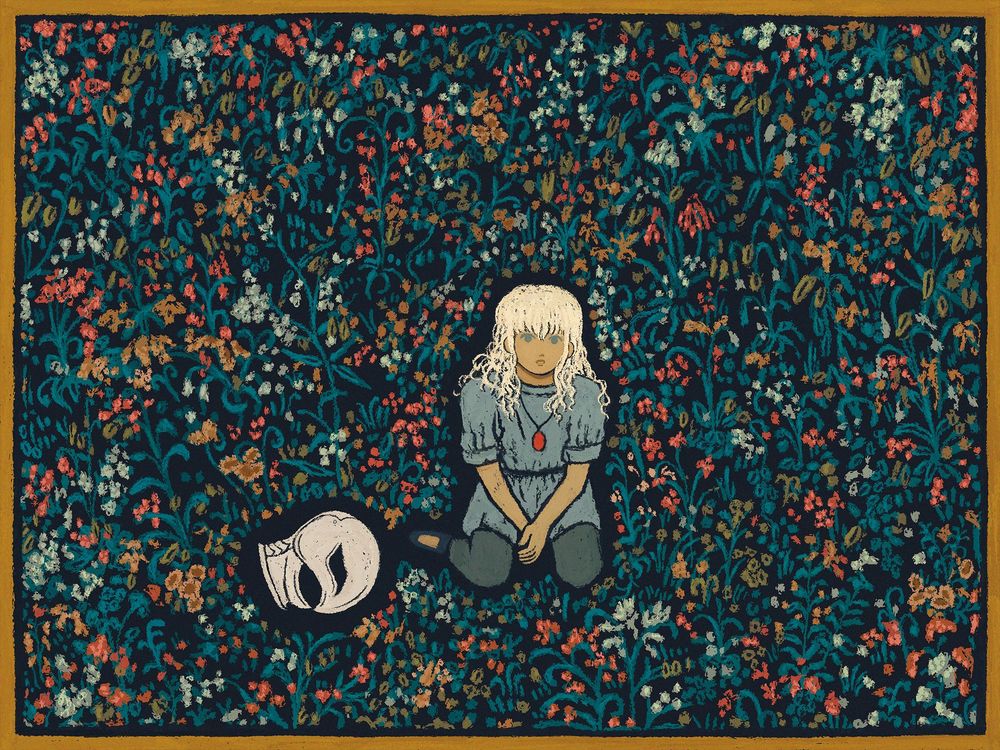 Digital painting of Griffith from Berserk as a child, tapestry style
