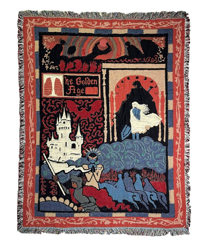 Photo of my Berserk tapestry/blanket. The words say "The Golden Age"
