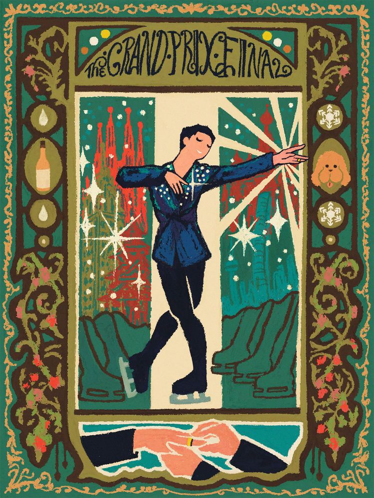 A digital painting of Yuuri Katsuki from the anime Yuri on Ice. The illustration is in a tapestry style. The words at the top read "Grand Prix Final". 