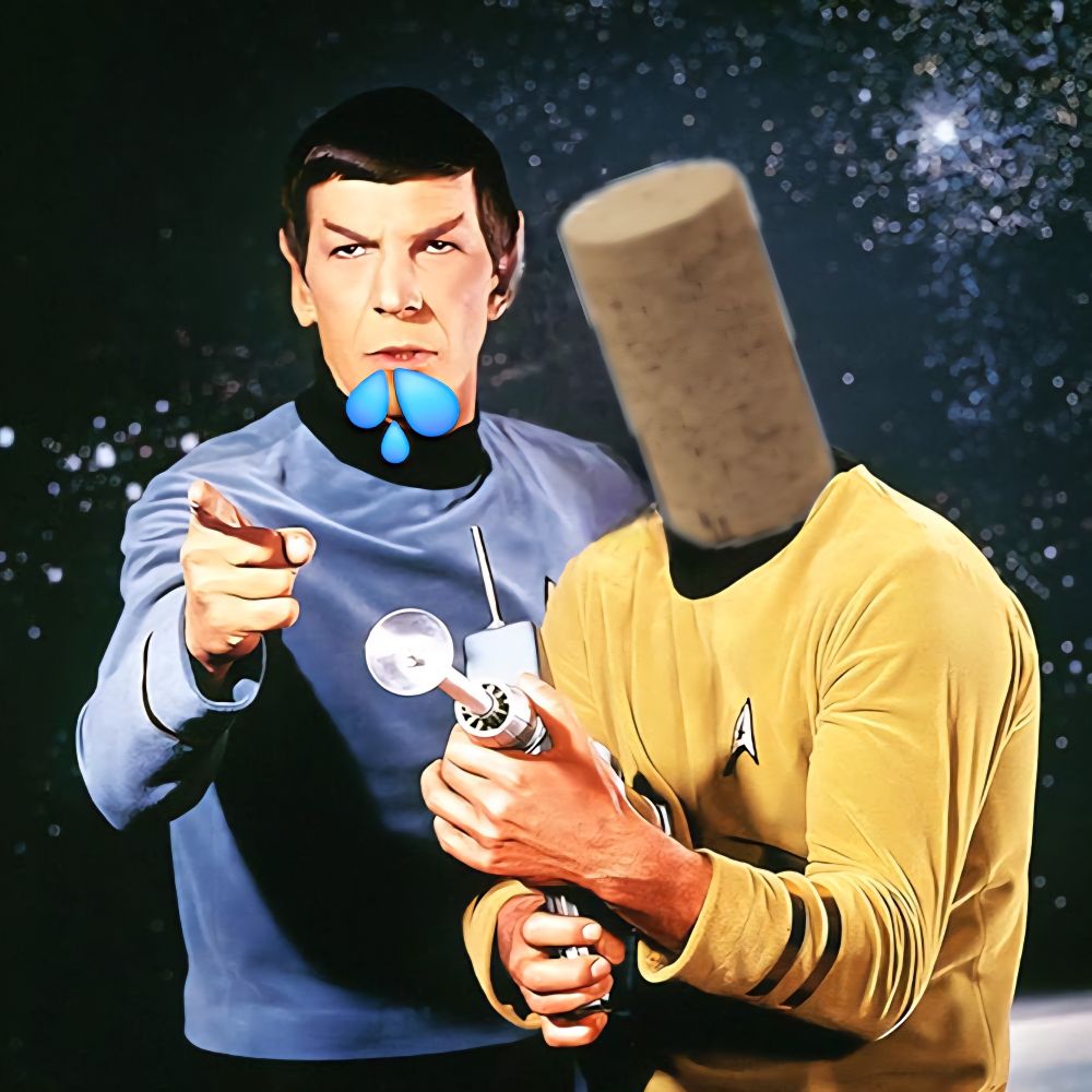Spock und Kirk, Spock spuckt Tröpfchen und Kirk hat einen Flaschenkorken als Kopf.