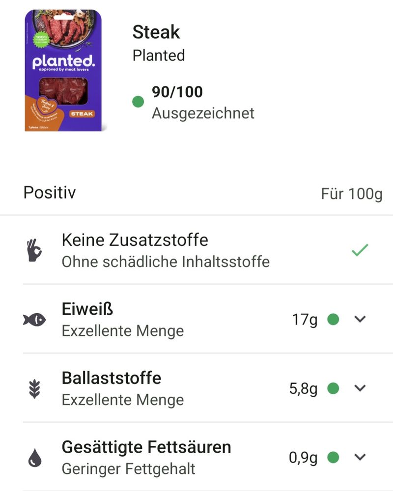 Pflanzliches Steak, von der Food App bewertet aufgrund der Inhaltsstoffe. 90 von 100 Punkten - Ausgezeichnet.